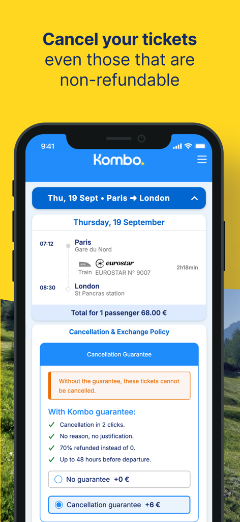 Interface de l'application mobile Kombo mettant en avant la fonctionnalité de garantie de remboursement et d'annulation de billet pour un trajet en train Paris-Londres.