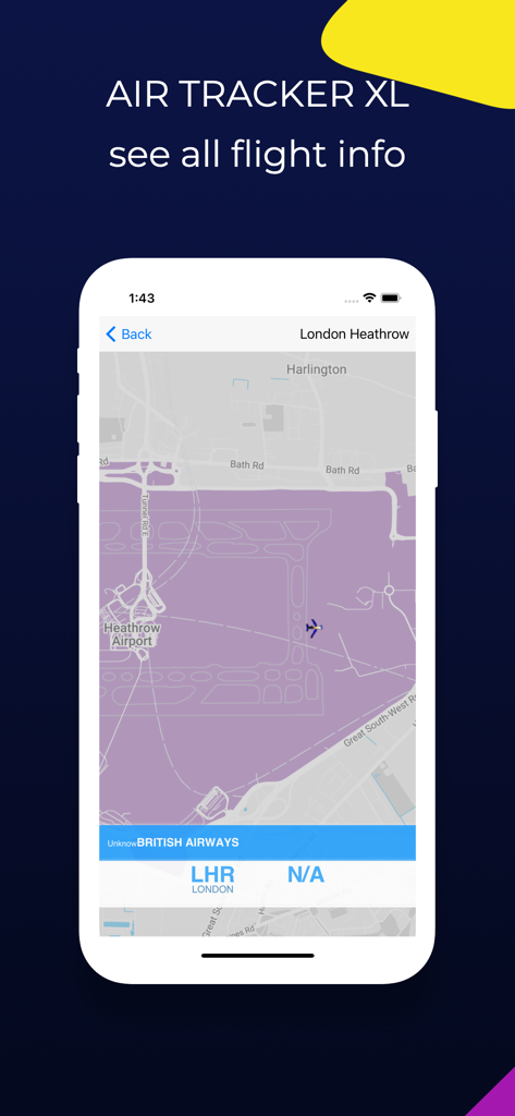 Air Tracker XL - Interfaz de la aplicación Air Tracker XL que muestra un mapa de vuelos en tiempo real del aeropuerto de Heathrow con una aeronave de British Airways
