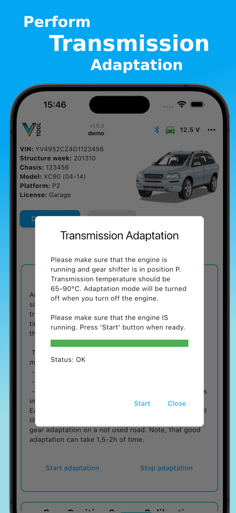 Aplicación V-Tool OBD Scanner realizando una adaptación de transmisión en un Volvo XC90.