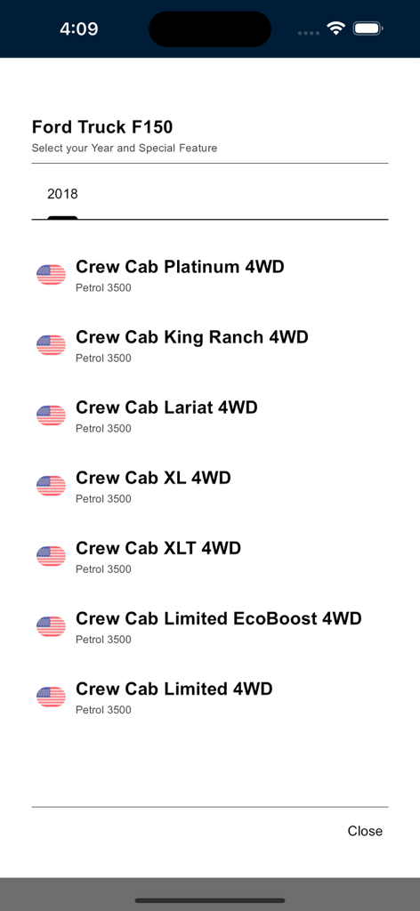 Autotaxes アプリで2018年式フォードF150モデルを選択するためのインターフェース