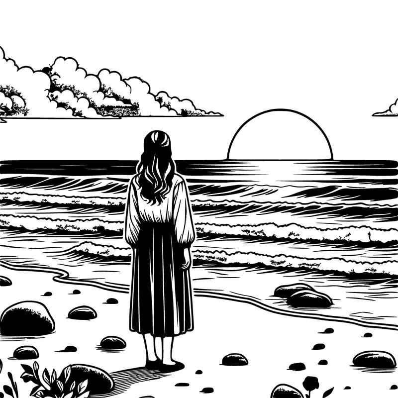 realistic sunset with the ocean and a girl standing on the beach