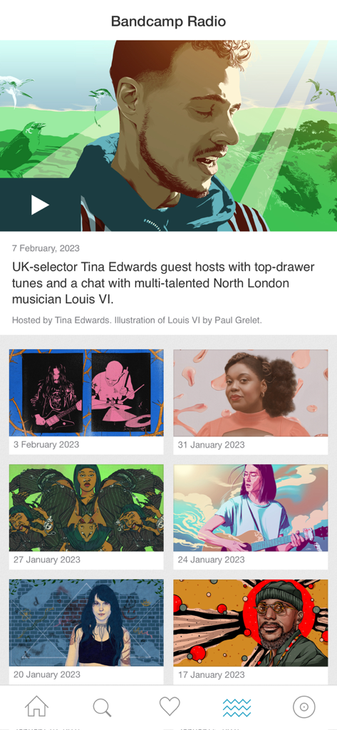 L'écran de Bandcamp Radio affiche une liste d'épisodes de type podcast présentant divers artistes indépendants avec des illustrations colorées.