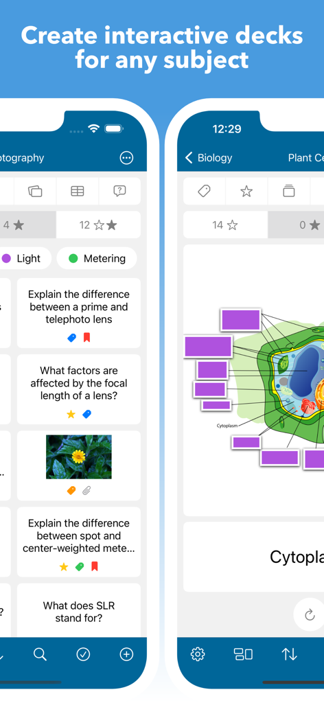 Paquets d'étude interactifs pour la photographie et la biologie incluant un diagramme de cellule végétale