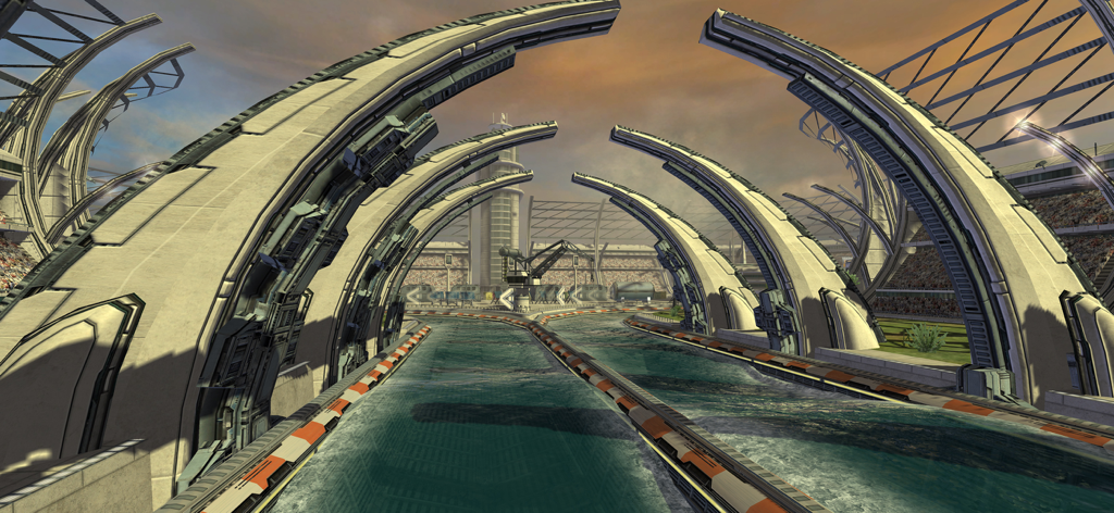 Riptide GP2 - Futuristic water racing track with large curved arches and stadium seating.