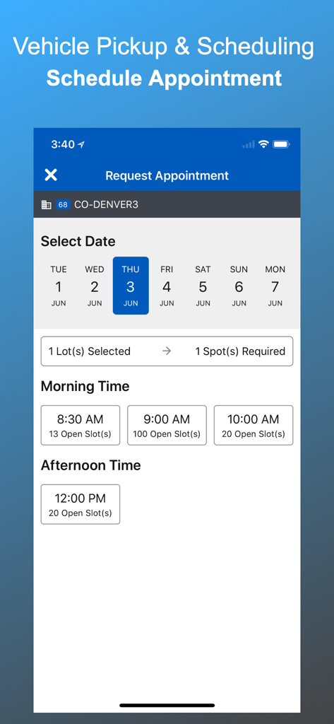 Copart Transportation - Screen showing vehicle pickup scheduling with date and time slot options in the Copart Transportation app.