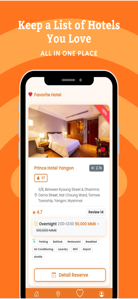 미얀마 양곤의 호텔 목록 및 예약 세부 정보를 보여주는 Stay2Hotel 앱 스크린샷