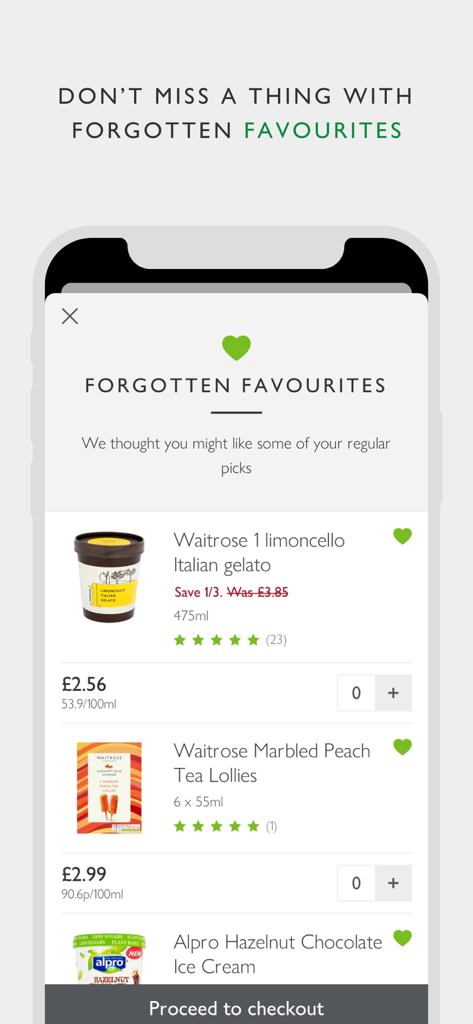 Waitrose & Partners - Waitrose app screen showing forgotten favourites with grocery items like gelato and ice cream