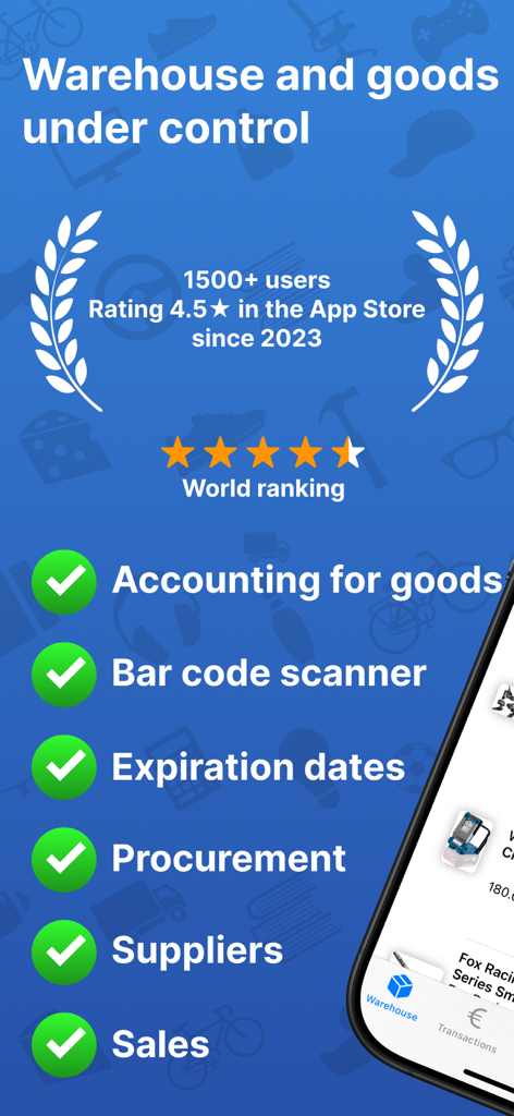 StockFlow: Warehouse control - Screenshot showing StockFlow app features including barcode scanner and inventory tracking with a 4.5 star rating.