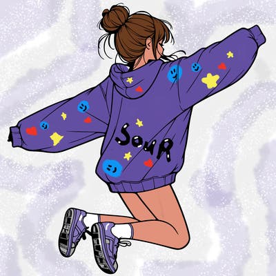 realistic girl jumping with a bun and oversized sweatshirt
