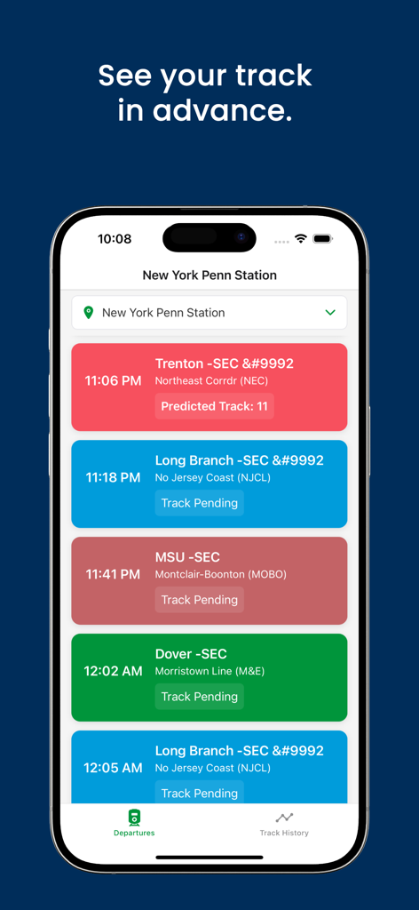 NJT Departures: Predict Tracks - Smartphone screen showing NJ Transit train departure times and predicted track numbers at New York Penn Station.