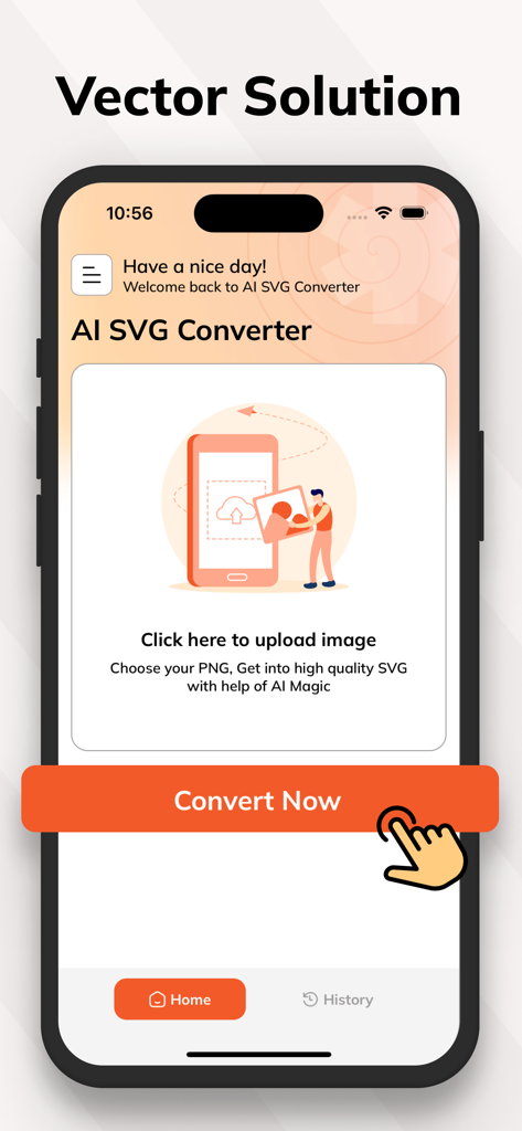 AI SVG Converter - SVG Maker - The home screen of the AI SVG Converter mobile app showing an image upload area and a convert now button