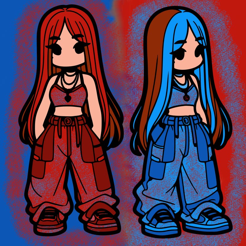 girl in baggy pants crop top and long hair