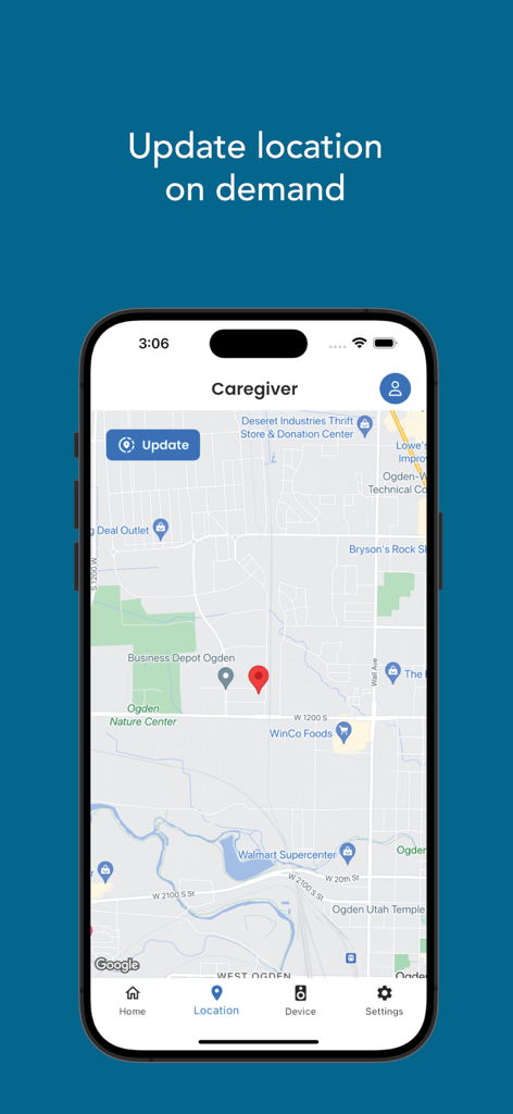 Caregiver Mobile - Caregiver Mobile app interface showing a map for real-time location tracking and update on demand feature