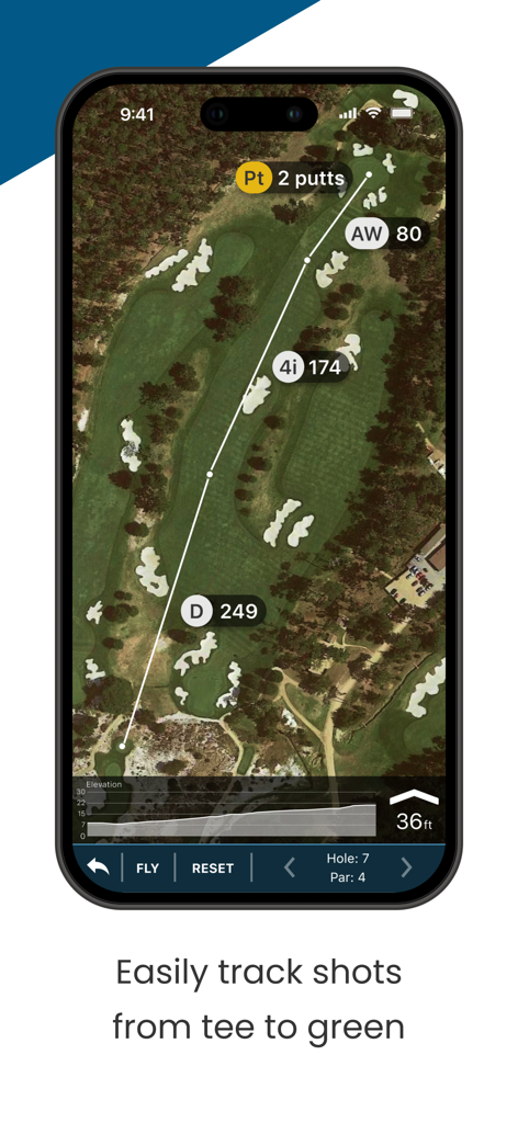 ゴルフホールの衛星地図と、ティーからグリーンまでの追跡されたショット（ドライバー、アイアン、ウェッジの距離測定を含む）が表示されたGolf Pad Classicアプリのスクリーンショット
