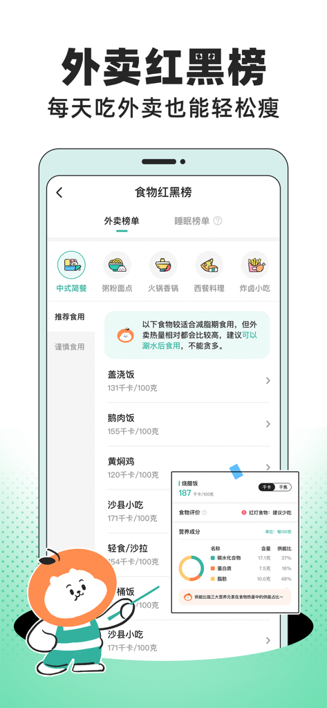 Schermata dell'app Fanju che mostra un elenco di opzioni di cibo da asporto con conteggio calorie e analisi nutrizionali per la perdita di peso
