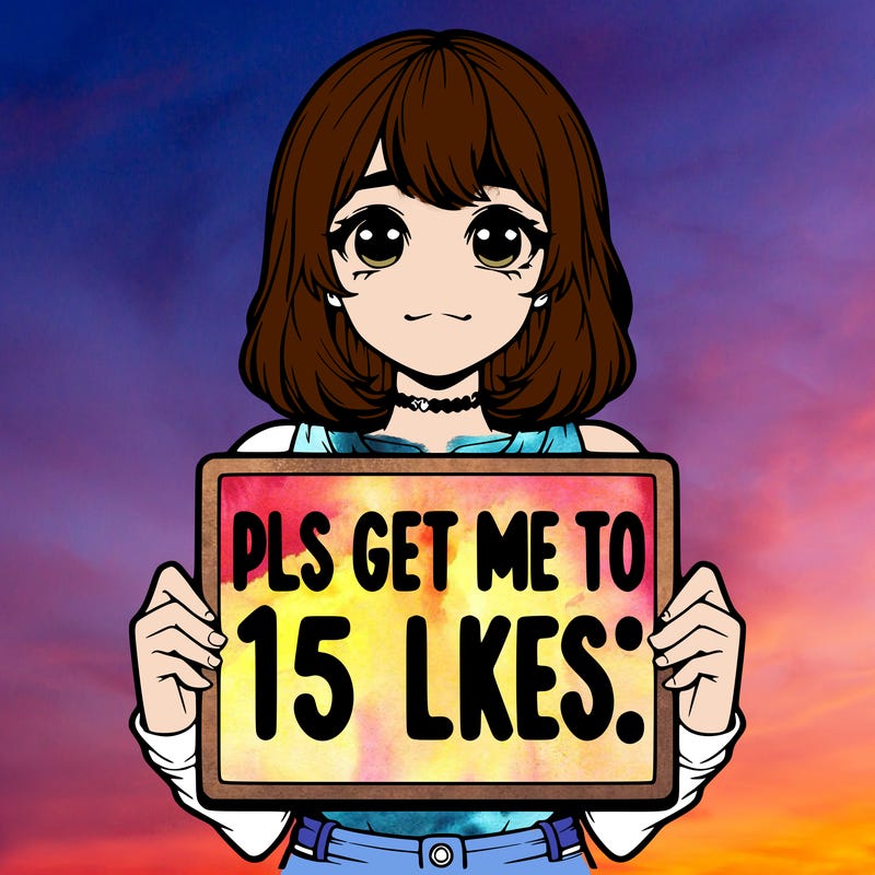 realistic girl holding up a sign that says “pls get me to 15 likes!”