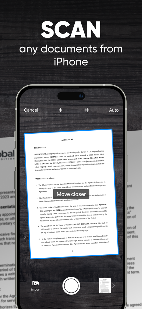 iPhone screen showing the document scanning interface with automatic edge detection