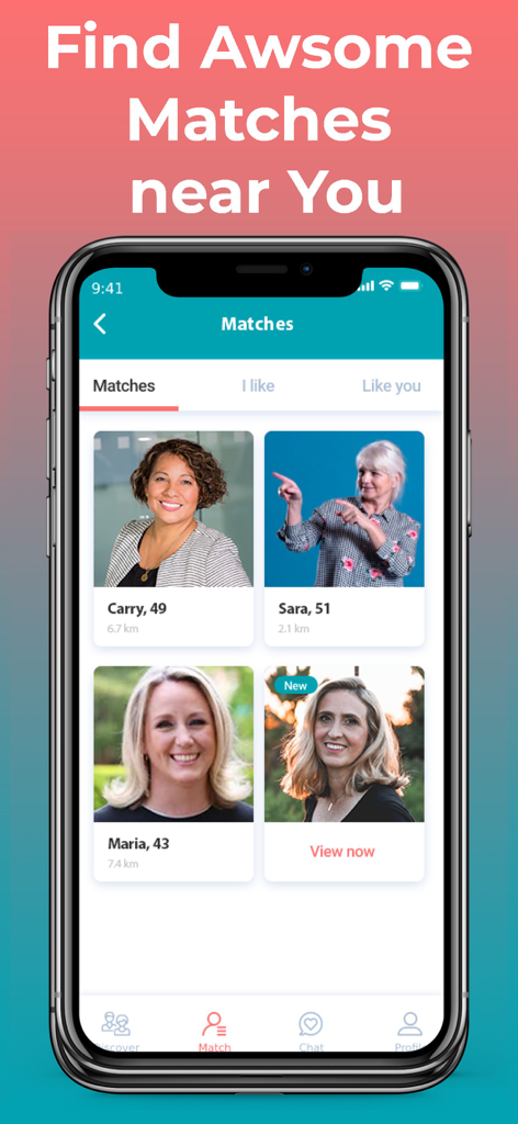 Senior Dating - DoULikeSenior - Senior dating app interface displaying potential matches near you