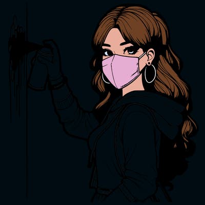 realistic girl with mask spray painting a wall