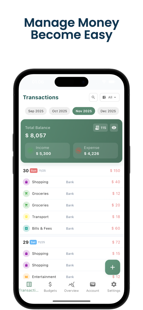 Money Manager: Daily Expenses - Interface do aplicativo Money Manager mostrando uma lista de transações diárias e um resumo do saldo financeiro
