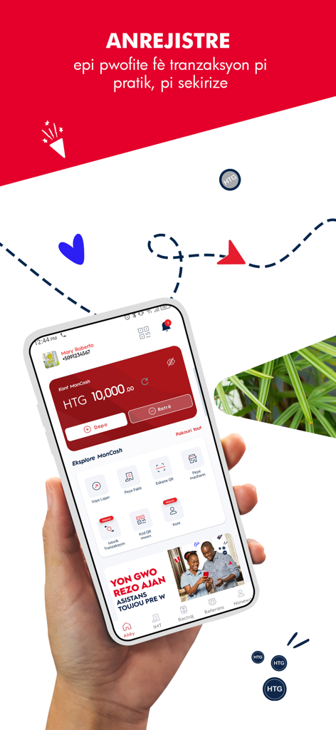 Écran de l'application mobile MonCash montrant le solde du portefeuille numérique et les icônes de services