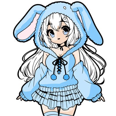 pretty anime girl wearing a fluffy hoodie with bunny ears on the hood and a skirt