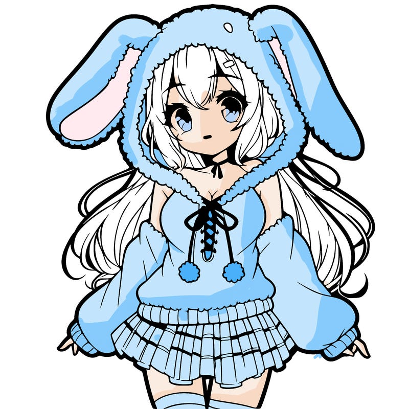 pretty anime girl wearing a fluffy hoodie with bunny ears on the hood and a skirt