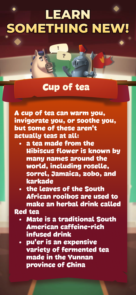 Educational screen from Word Logic game presenting trivia facts about various types of tea.