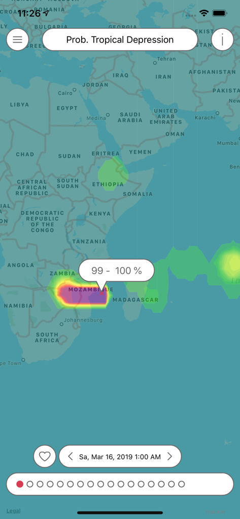 Map display in Pflotsh Tropical app showing a high probability of a tropical depression over Mozambique.