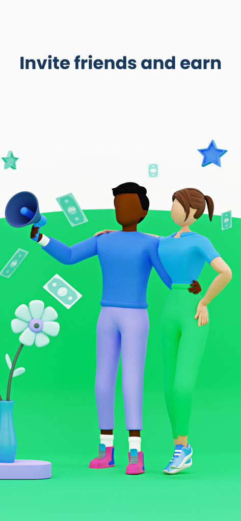 Paidwork: Make Money - Two 3D characters, a man with a megaphone and a woman, standing together with floating money and stars to illustrate the Paidwork referral program.