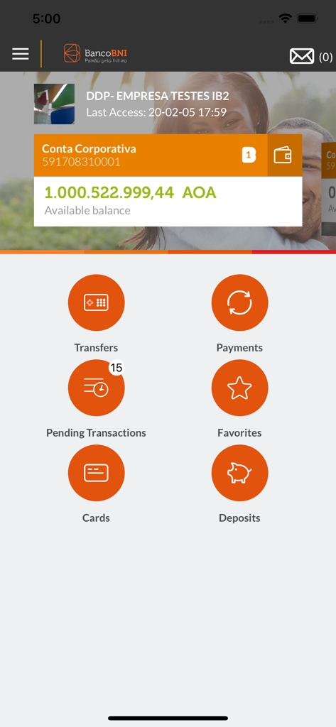 BNI NET Empresas - BNI NET Empresas app home screen displaying corporate account balance and transaction menu options