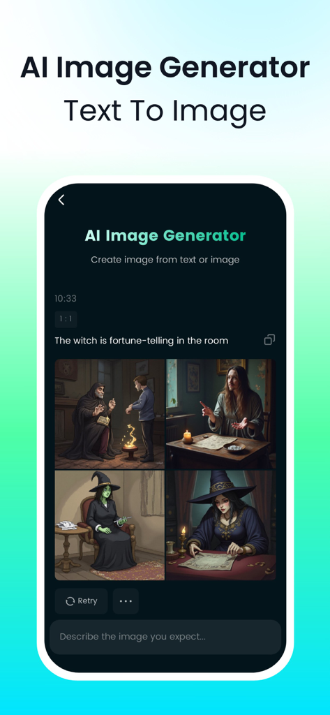 DreamFace: AI Video Generator - DreamFace app interface showing four AI-generated images of a witch from a text prompt