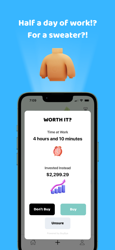 BuyBye - Save Money - Interfaz de aplicación móvil que muestra un análisis de compra comparando el precio de un suéter con 4 horas de trabajo y el potencial de inversión futuro