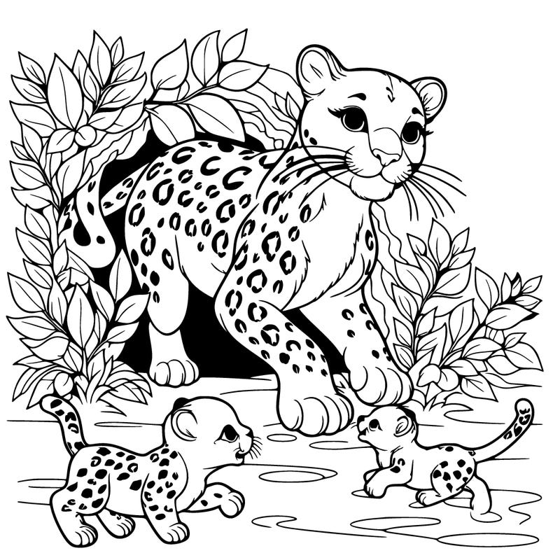 a beautiful mother leopard coming our of her den with three baby leopards playing around her