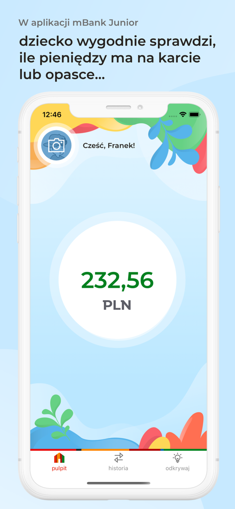 mBank Junior - mBank Junior mobile app dashboard showing a child account balance