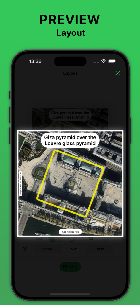 MapScale app preview comparing the Giza pyramid size with the Louvre glass pyramid