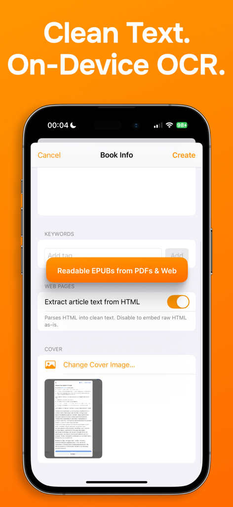EPUB Makerアプリのスクリーンショット。オンデバイスOCRおよびテキスト抽出オプションを含む書籍情報設定が表示されます。