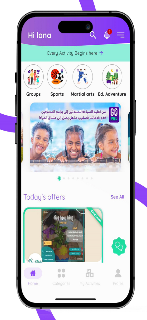 GoPal - GoPal app home screen displaying children activity categories and daily offers