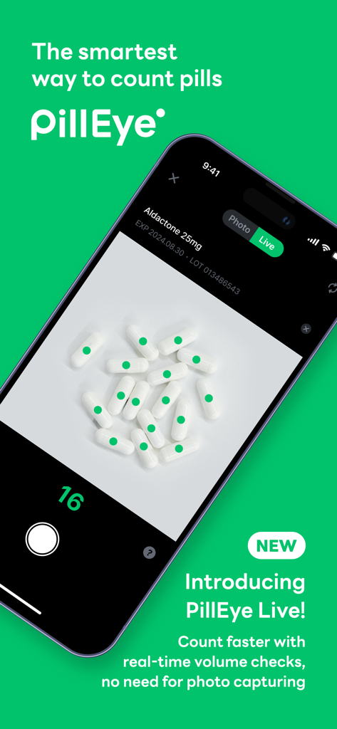 PillEye app interface showing real-time digital pill counting on an iPhone screen