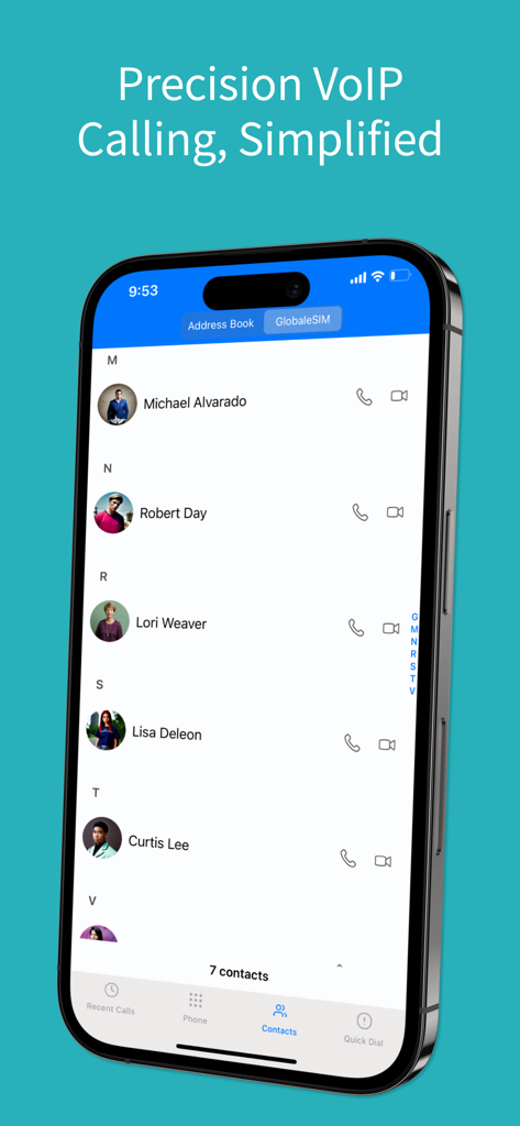 GlobaleSIM - Pantalla de lista de contactos de la aplicación GlobaleSIM que muestra llamadas VoIP integradas y opciones de videollamadas para viajeros.