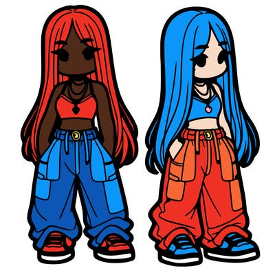 girl in baggy pants crop top and long hair