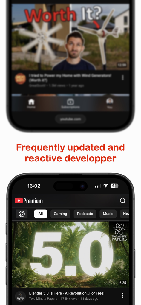 No Shorts: Blocker for YouTube - iPhone screenshot showing a clean YouTube Safari feed without shorts and text highlighting a reactive developer