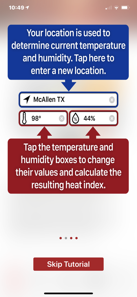 OSHA-NIOSH Heat Safety Tool - A tutorial screen in the OSHA-NIOSH Heat Safety Tool app explaining how to set location, temperature, and humidity values.