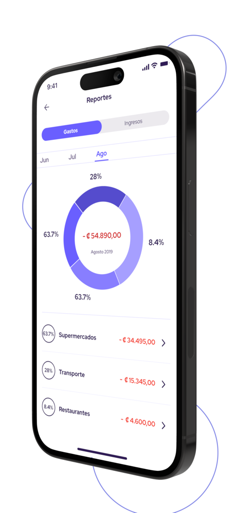 Wink mobile app interface showing monthly expense reports and a spending donut chart