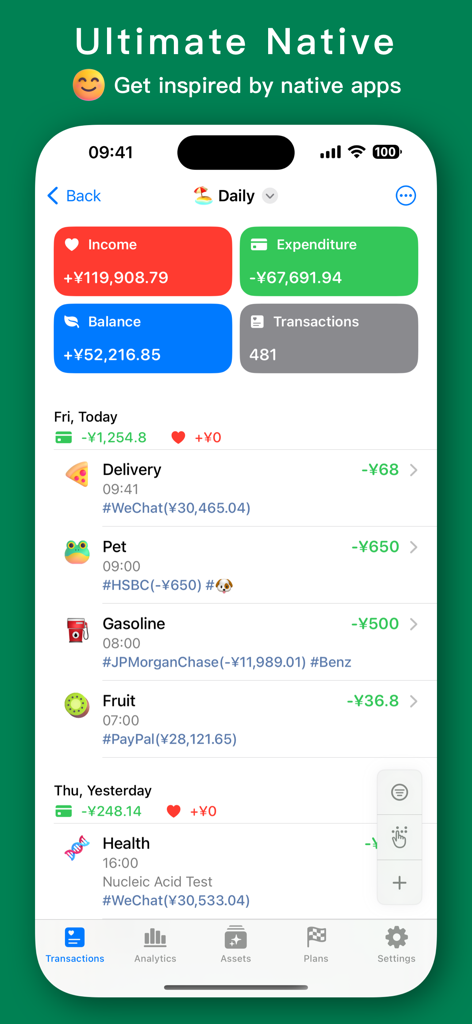 MoneyThings - Finance Tracker - Daily transactions dashboard in the MoneyThings app showing income and expenses