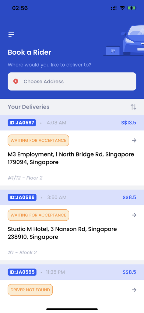 MilkRun app interface for booking riders and tracking delivery order status