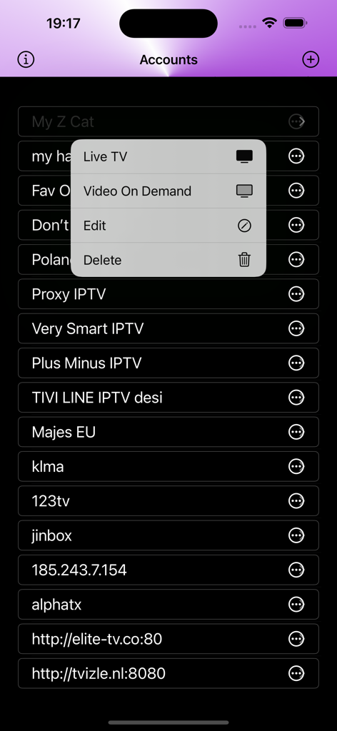 STB IPTV - STB IPTV app screen showing a list of IPTV portal accounts with a menu for live TV and video on demand