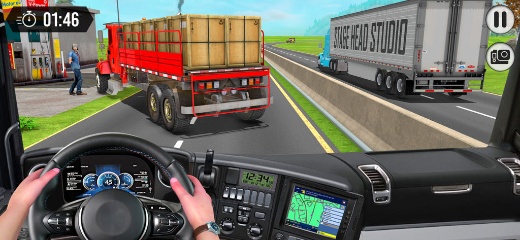 Truck Driver: Road Legends - Vista en primera persona desde la cabina de un camión en Truck Driver Road Legends, mostrando un volante y camiones de carga en una autopista