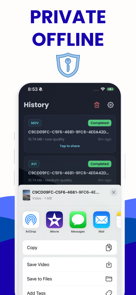 iPhone画面上のファイル履歴と共有オプションを表示する、プライベートでオフラインのビデオ変換アプリ