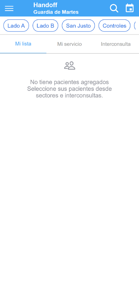 Captura de pantalla de la pantalla de traspaso de la aplicación Hospital Italiano Intranet que muestra una lista de pacientes vacía y filtros de sector hospitalario.